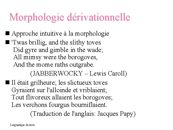 Morphologie dérivationnelle Approche intuitive à la morphologie 'Twas brillig, and the slithy toves Did