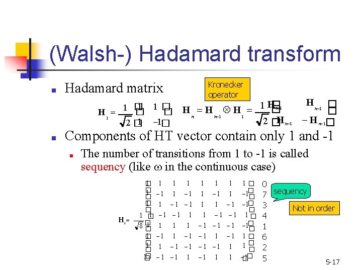 (Walsh-) Hadamard transform ■ Kronecker operator Hadamard matrix 1 1� 1 � � �