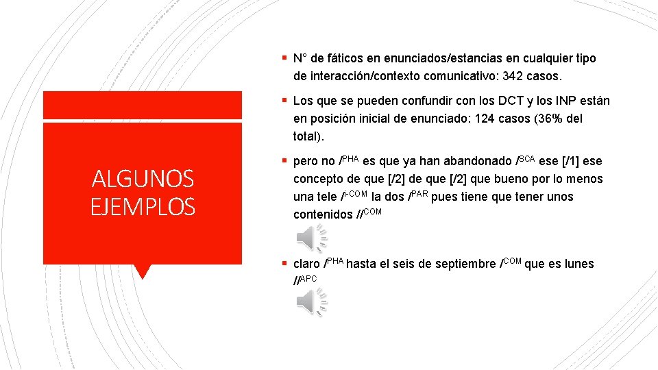 § N° de fáticos en enunciados/estancias en cualquier tipo de interacción/contexto comunicativo: 342 casos.