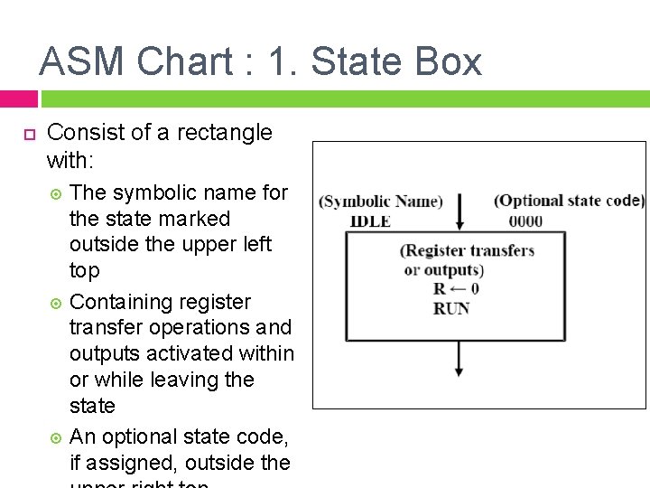 ASM Chart : 1. State Box Consist of a rectangle with: The symbolic name