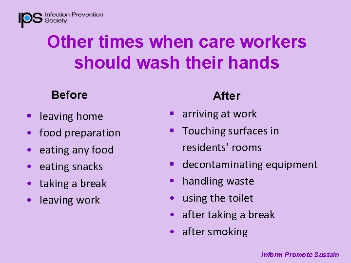 Other times when care workers should wash their hands Before § • • •