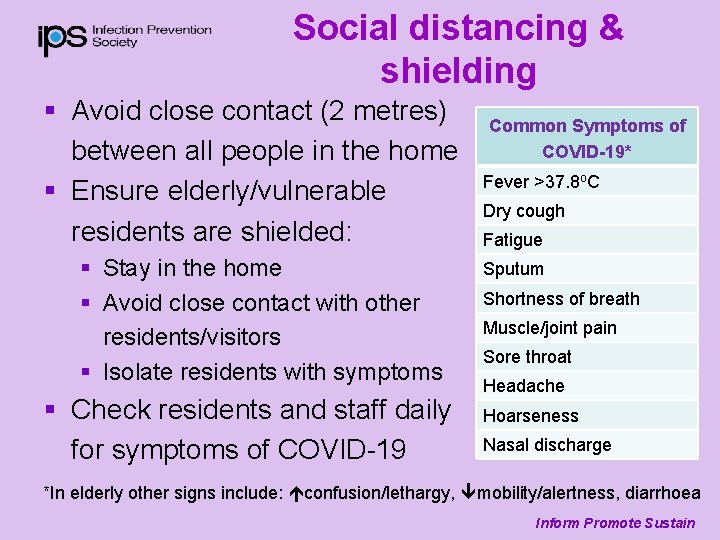 Social distancing & shielding § Avoid close contact (2 metres) between all people in