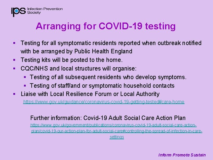 Arranging for COVID-19 testing § Testing for all symptomatic residents reported when outbreak notified