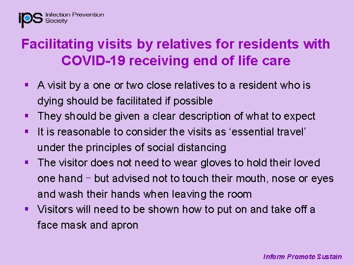 Facilitating visits by relatives for residents with COVID-19 receiving end of life care §
