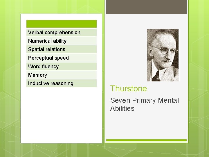 Verbal comprehension Numerical ability Spatial relations Perceptual speed Word fluency Memory Inductive reasoning Thurstone