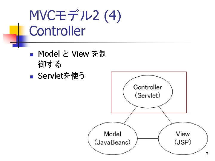 MVCモデル 2 (4) Controller n n Model と View を制 御する Servletを使う 7 