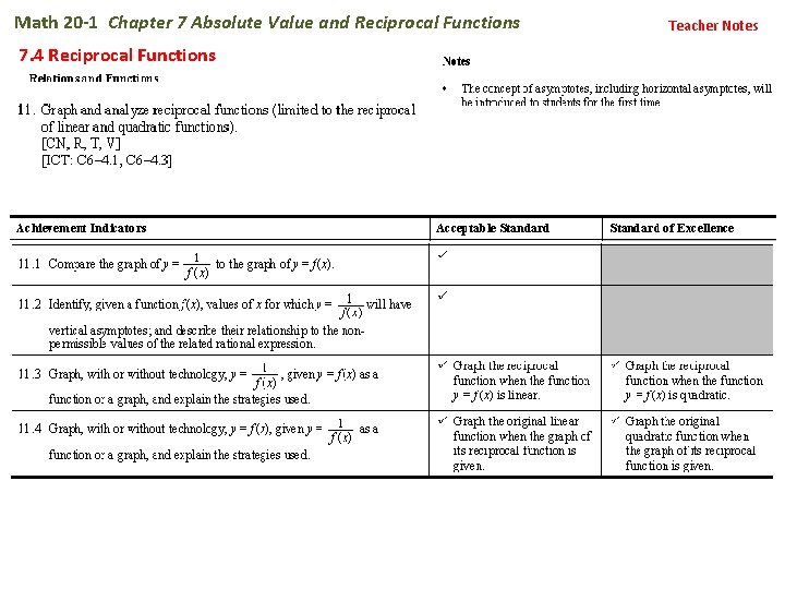 Math 20 -1 Chapter 7 Absolute Value and Reciprocal Functions 7. 4 Reciprocal Functions