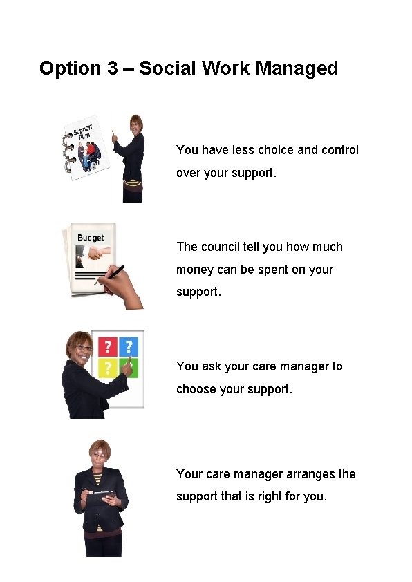 Option 3 – Social Work Managed You have less choice and control over your