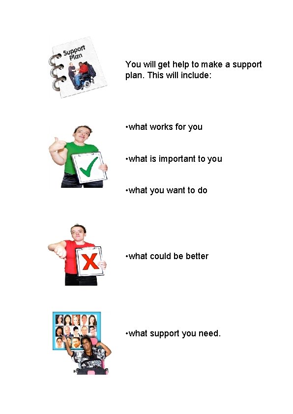 You will get help to make a support plan. This will include: • what