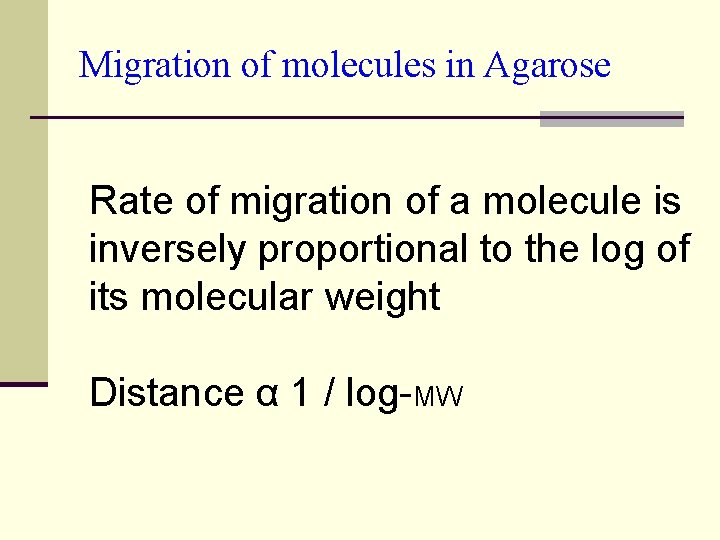 Migration of molecules in Agarose Rate of migration of a molecule is inversely proportional