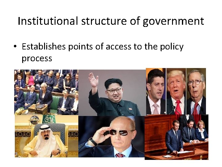 Institutional structure of government • Establishes points of access to the policy process 