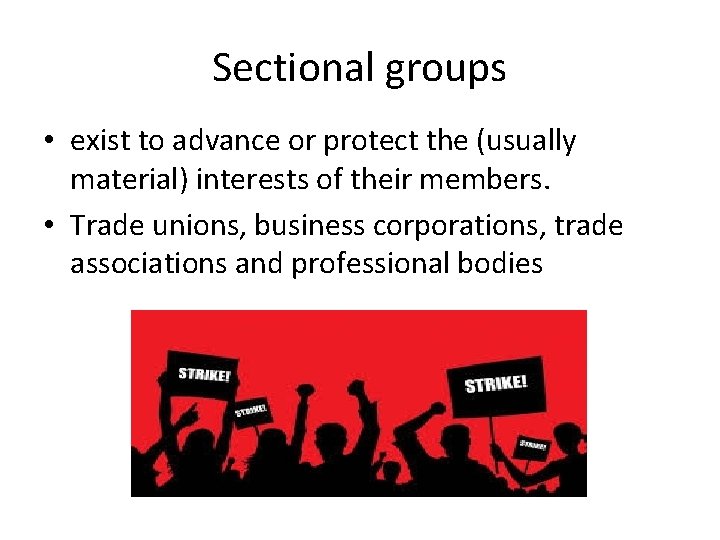 Sectional groups • exist to advance or protect the (usually material) interests of their