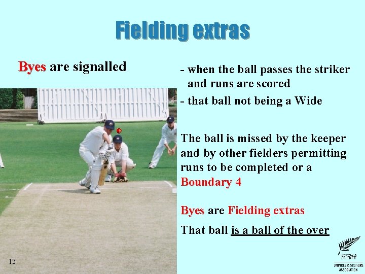 Fielding extras Byes are signalled - when the ball passes the striker and runs