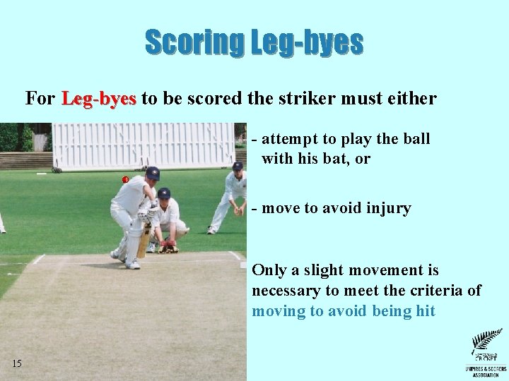 Scoring Leg-byes For Leg-byes to be scored the striker must either - attempt to