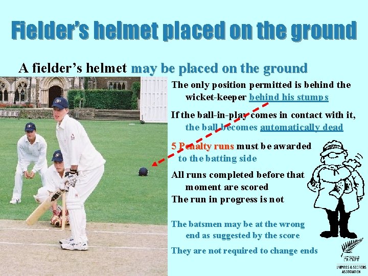 Fielder’s helmet placed on the ground A fielder’s helmet may be placed on the