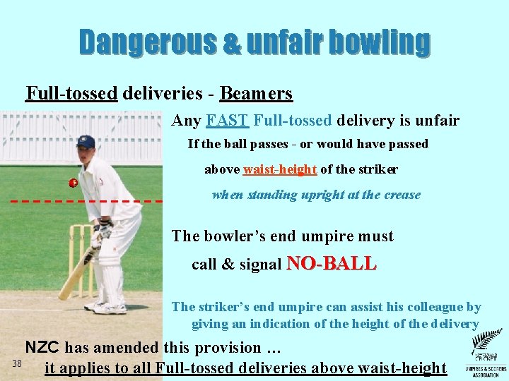 Dangerous & unfair bowling Full-tossed deliveries - Beamers Any FAST Full-tossed delivery is unfair