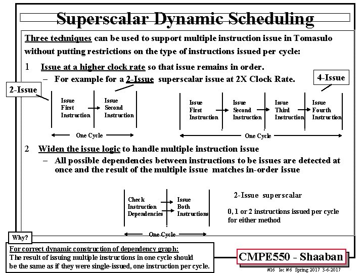 Superscalar Dynamic Scheduling Three techniques can be used to support multiple instruction issue in