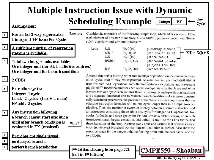 Multiple Instruction Issue with Dynamic Scheduling Example Assumptions: Integer 1 Restricted 2 -way superscalar: