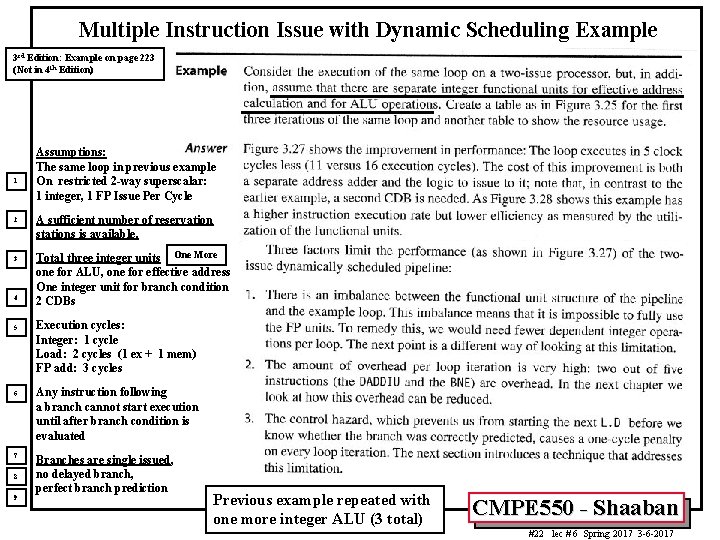 Multiple Instruction Issue with Dynamic Scheduling Example 3 rd Edition: Example on page 223