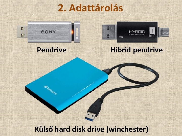 2. Adattárolás Pendrive Hibrid pendrive Külső hard disk drive (winchester) 
