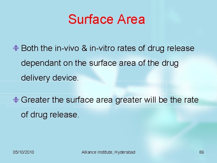 Surface Area Both the in-vivo & in-vitro rates of drug release dependant on the