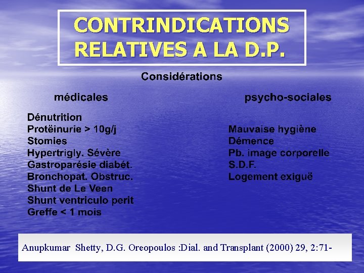 CONTRINDICATIONS RELATIVES A LA D. P. Anupkumar Shetty, D. G. Oreopoulos : Dial. and
