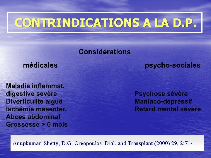 CONTRINDICATIONS A LA D. P. Anupkumar Shetty, D. G. Oreopoulos : Dial. and Transplant