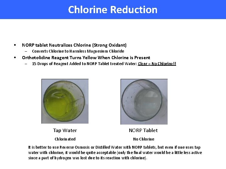 Chlorine Reduction • NORP tablet Neutralizes Chlorine (Strong Oxidant) – • Converts Chlorine to