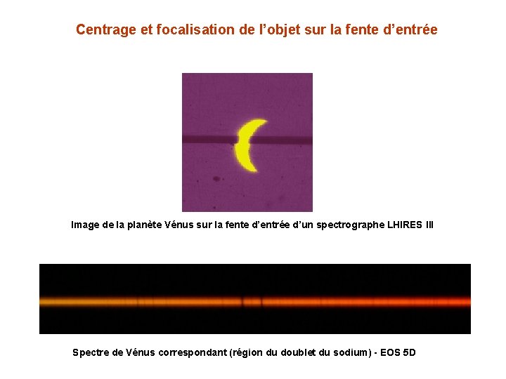 Centrage et focalisation de l’objet sur la fente d’entrée Image de la planète Vénus