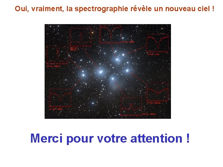 Oui, vraiment, la spectrographie révèle un nouveau ciel ! Merci pour votre attention ! Oui, vraiment, la spectrographie révèle un nouveau ciel ! Merci pour votre attention !