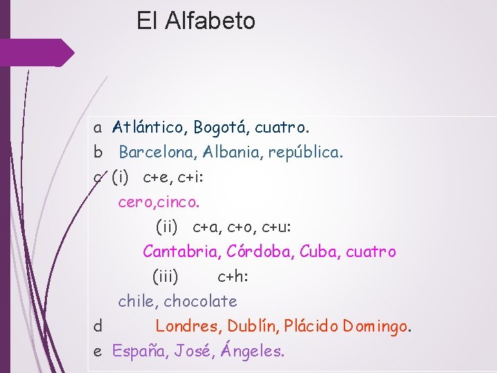 El Alfabeto a Atlántico, Bogotá, cuatro. b Barcelona, Albania, república. c (i) c+e, c+i: