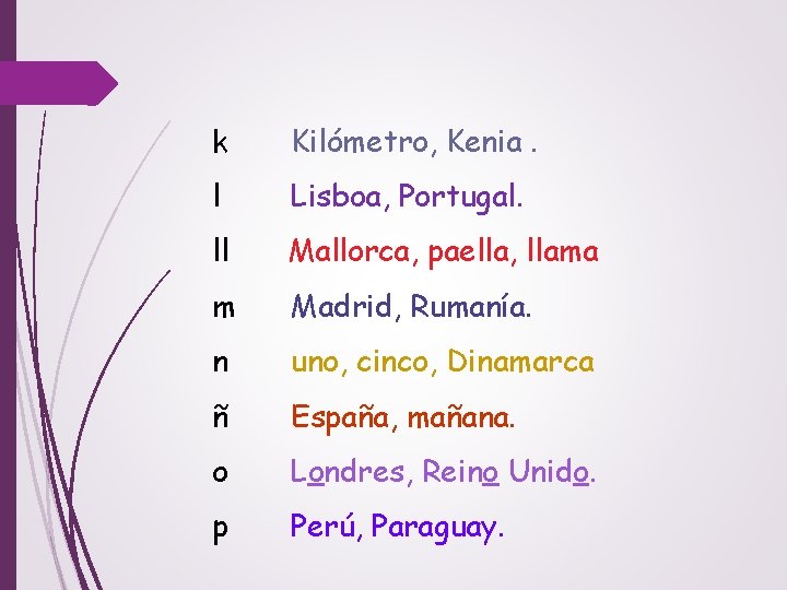 k Kilómetro, Kenia. l Lisboa, Portugal. ll Mallorca, paella, llama m Madrid, Rumanía. n