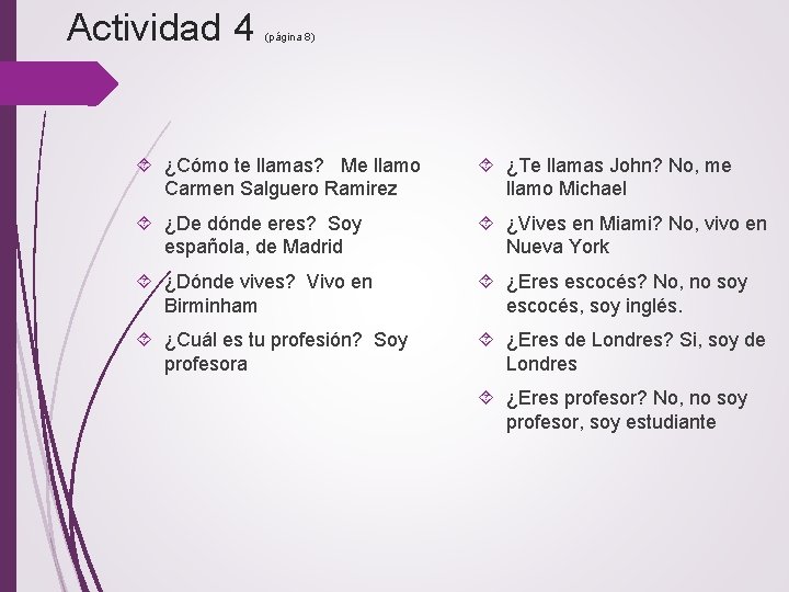 Actividad 4 (página 8) ¿Cómo te llamas? Me llamo Carmen Salguero Ramirez ¿Te llamas