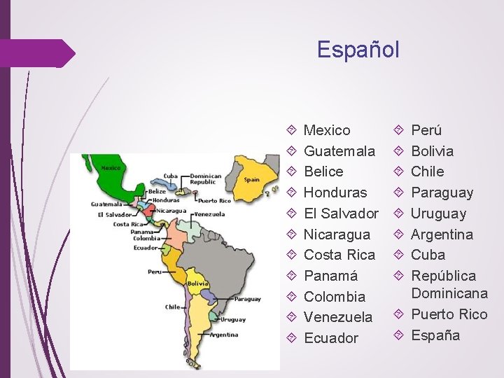Español Mexico Guatemala Belice Honduras El Salvador Nicaragua Costa Rica Panamá Colombia Venezuela Ecuador