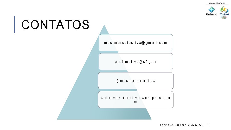CONTATOS msc. marcelosilva@gmail. com prof. msilva@ufrj. br @mscmarcelosilva aulasmarcelosilva. wordpress. co m PROF. ENG.