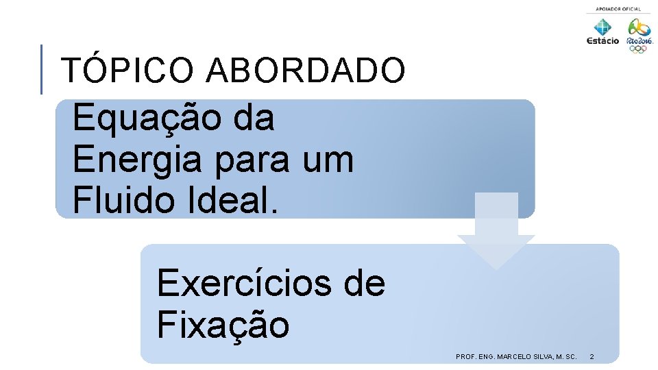 TÓPICO ABORDADO Equação da Energia para um Fluido Ideal. Exercícios de Fixação PROF. ENG.