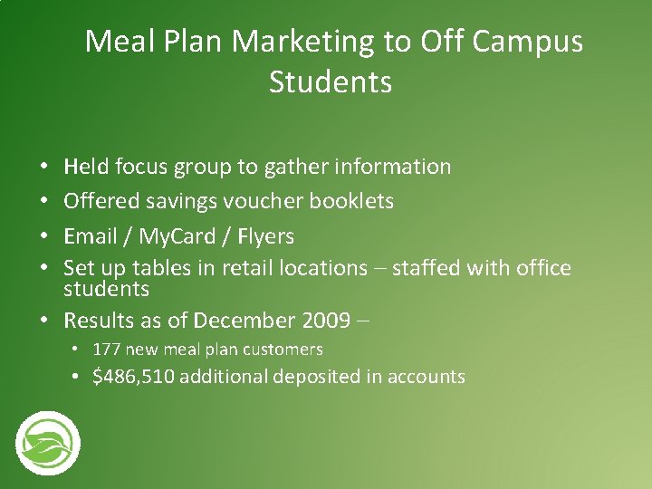 Meal Plan Marketing to Off Campus Students Held focus group to gather information Offered Meal Plan Marketing to Off Campus Students Held focus group to gather information Offered
