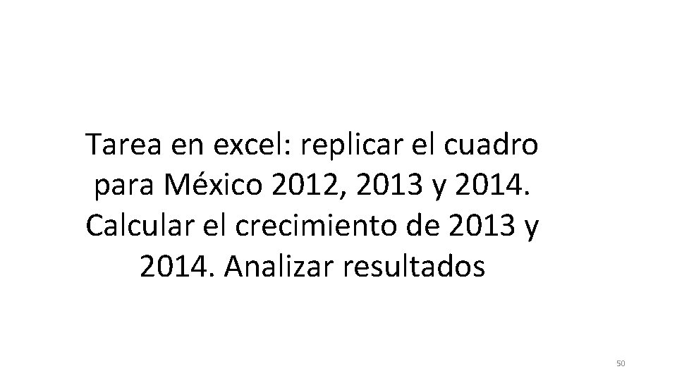 Tarea en excel: replicar el cuadro para México 2012, 2013 y 2014. Calcular el