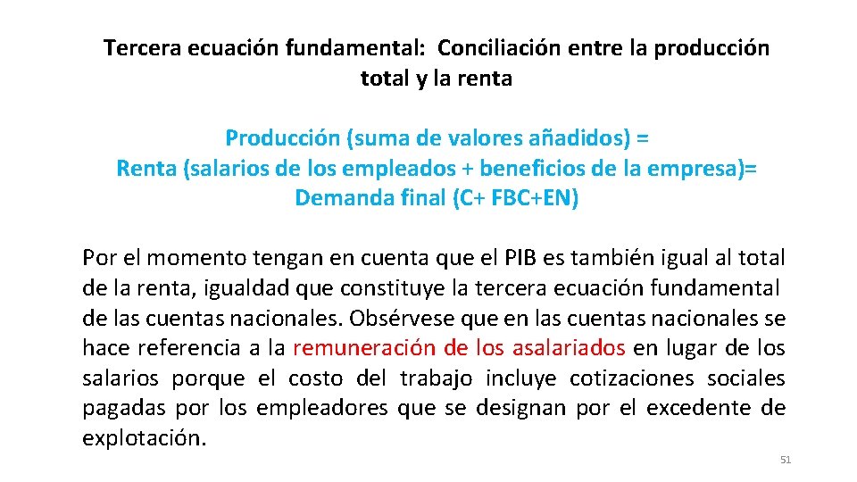 Tercera ecuación fundamental: Conciliación entre la producción total y la renta Producción (suma de