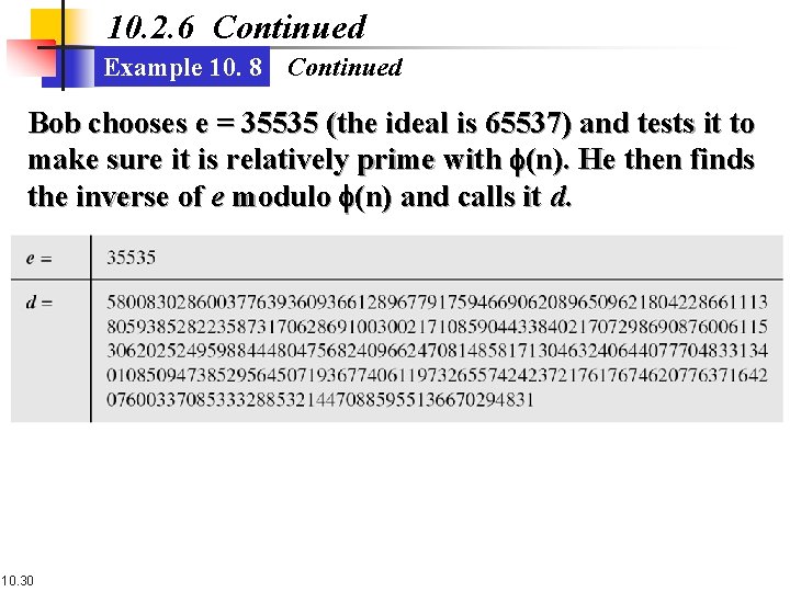 10. 2. 6 Continued Example 10. 8 Continued Bob chooses e = 35535 (the