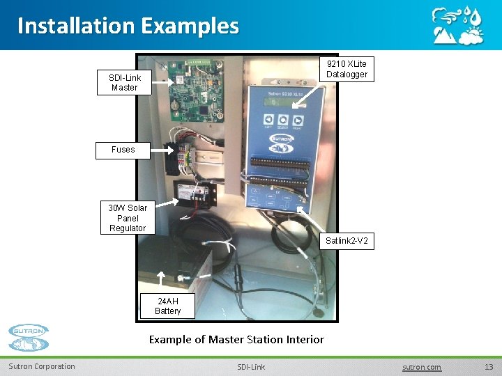 Installation Examples 9210 XLite Datalogger SDI-Link Master Fuses 30 W Solar Panel Regulator Satlink Installation Examples 9210 XLite Datalogger SDI-Link Master Fuses 30 W Solar Panel Regulator Satlink