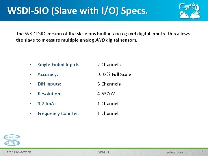 WSDI-SIO (Slave with I/O) Specs. The WSDI-SIO version of the slave has built in WSDI-SIO (Slave with I/O) Specs. The WSDI-SIO version of the slave has built in