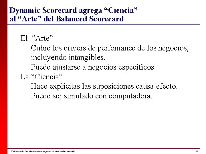 Dynamic Scorecard agrega “Ciencia” al “Arte” del Balanced Scorecard El “Arte” Cubre los drivers