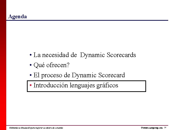 Agenda • La necesidad de Dynamic Scorecards • Qué ofrecen? • El proceso de