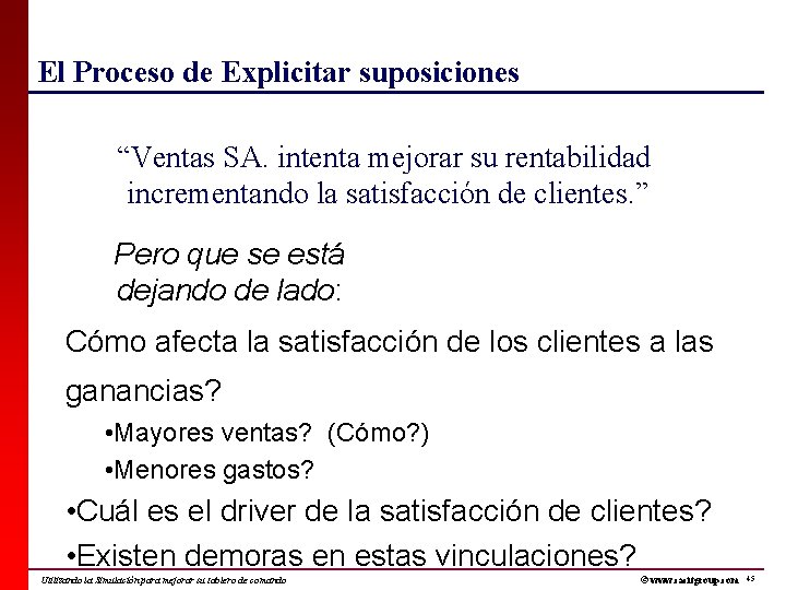 El Proceso de Explicitar suposiciones “Ventas SA. intenta mejorar su rentabilidad incrementando la satisfacción