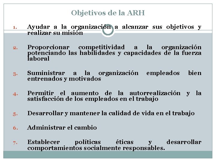 Objetivos de la ARH 1. Ayudar a la organización a alcanzar sus objetivos y