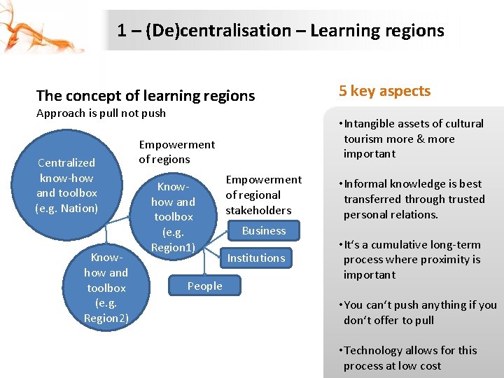 1 – (De)centralisation – Learning regions The concept of learning regions Approach is pull