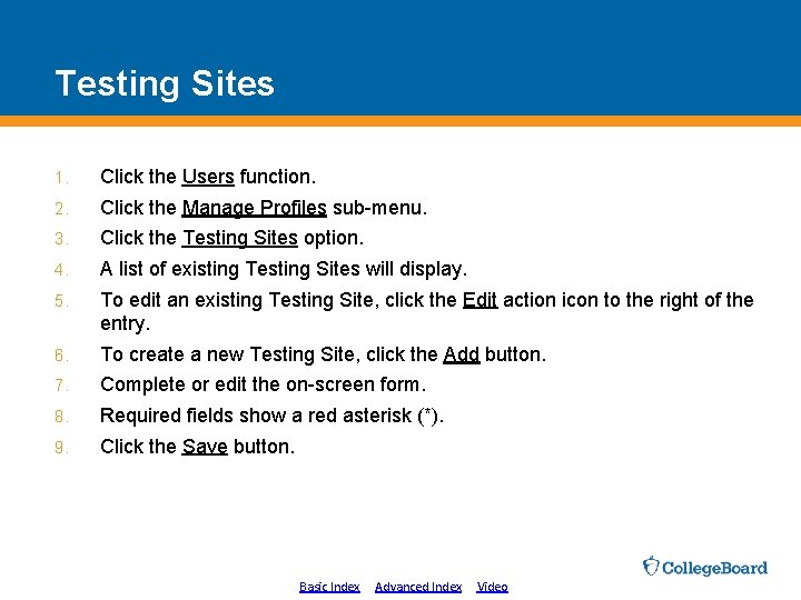 Testing Sites 1. Click the Users function. 2. Click the Manage Profiles sub-menu. 3.