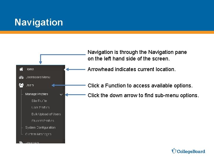 Navigation is through the Navigation pane on the left hand side of the screen.