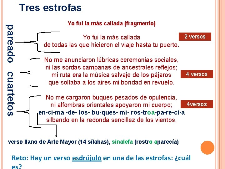 Tres estrofas pareado cuartetos Yo fui la más callada (fragmento) 2 versos Yo fui